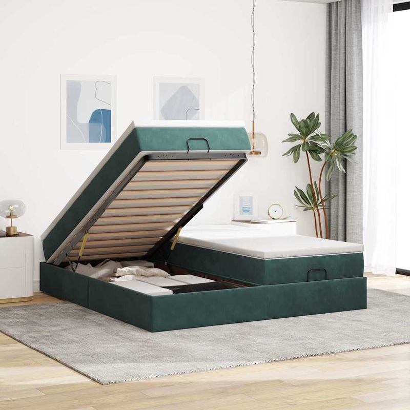 Cadre de lit ottoman avec matelas vert fonc 200x200 cm velours