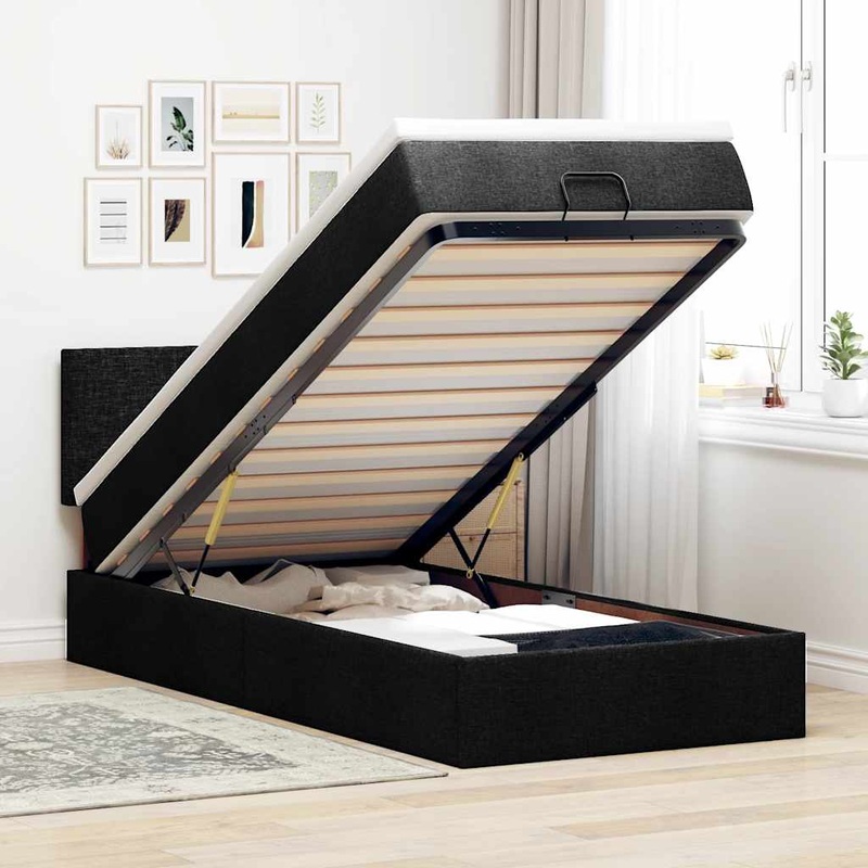 Lit ottoman avec matelas noir 90x200 cm tissu