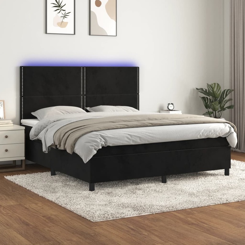 Sommier  lattes de lit matelas et LED Noir 160x200 cm Velours