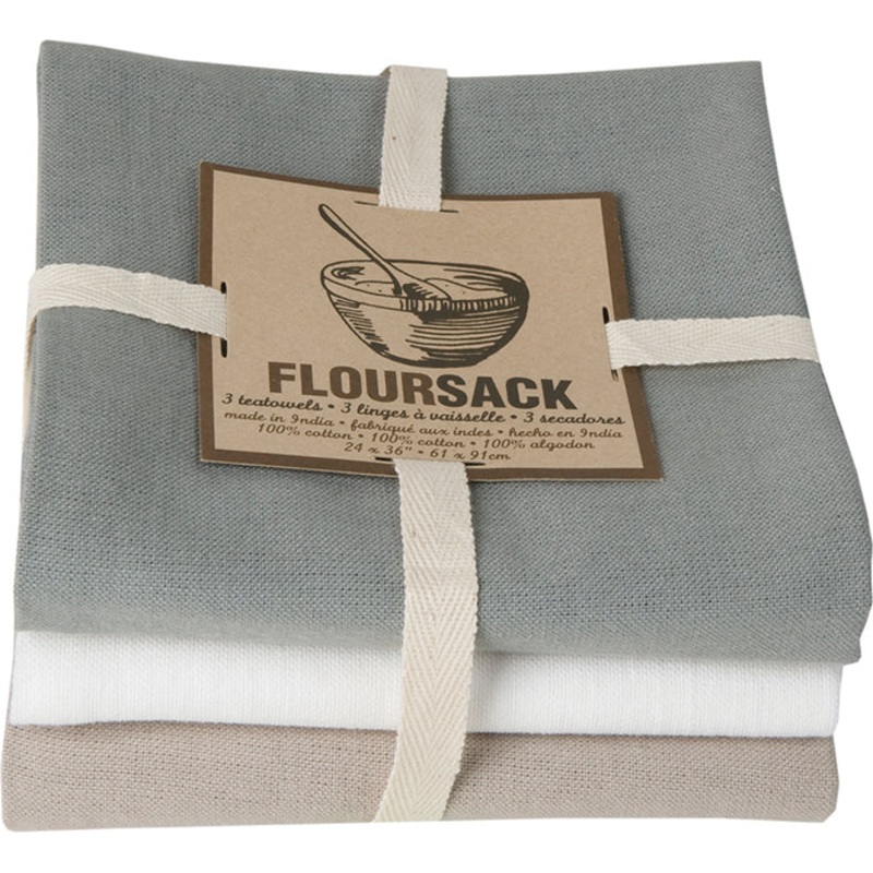 3 Piece Grey & White Floursack Kitchen Towel Set