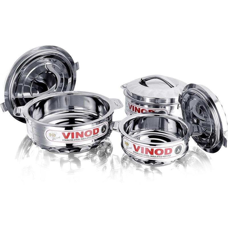 Vinod Stainless Steel Cold Hot Pot Food Insulated Casserole Double Wall 3pc Set
