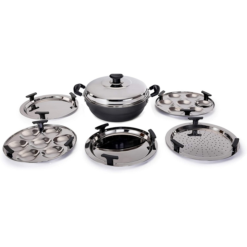 Vinod Hard Anodized Multi Kadai, Idli Cooker, Dhokla Maker, Induction Friendly (Sandwich Bottom)