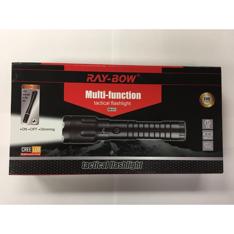 Ray-Bow RB-311 200-Lumens Multi-Function Tactical Rechargeable LED Flashlight + 1 Led Penlight, 100-240V (Worldwide Use)