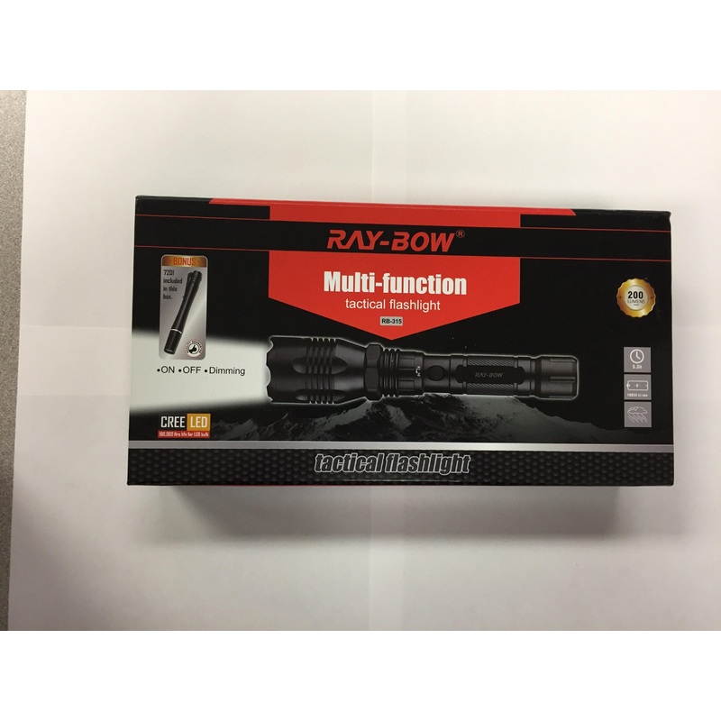 Ray-Bow RB-315 200-Lumens Multi-Function Tactical Rechargeable LED Flashlight + 1 Led Penlight, 100-240V (Worldwide Use)