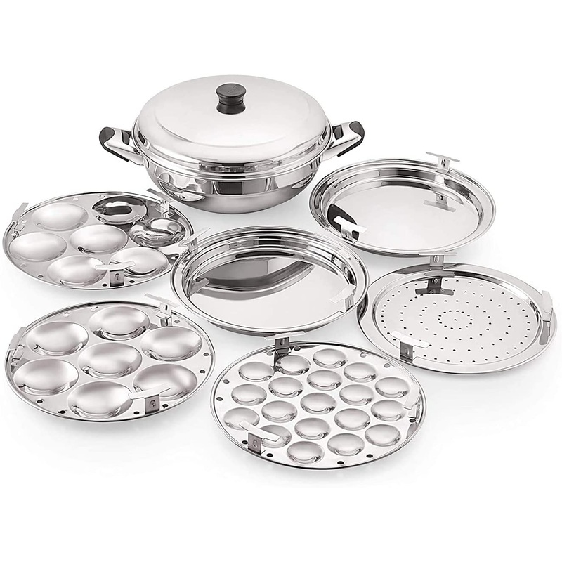 TABAKH Stainless Steel Multi Kadai with Steamer Plate, Mini Idli Plate, 2 Idli Plates, 2 Dhokla Plates, Induction Friendly