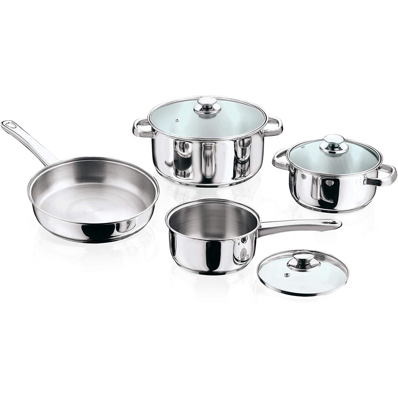 Vinod 7pc Stainless Steel Cookware Set (Frypan/Sauce Pan 2 Cooking Pots w/ Glass Lid)
