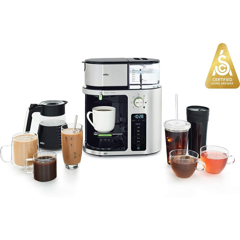 Braun MultiServe Coffee Machine 7 Programmable Brew Sizes / 3 Strengths + Iced Coffee & Hot Water for Tea, Glass Carafe (10-Cup), Stainless Steel, KF9170SI 220V