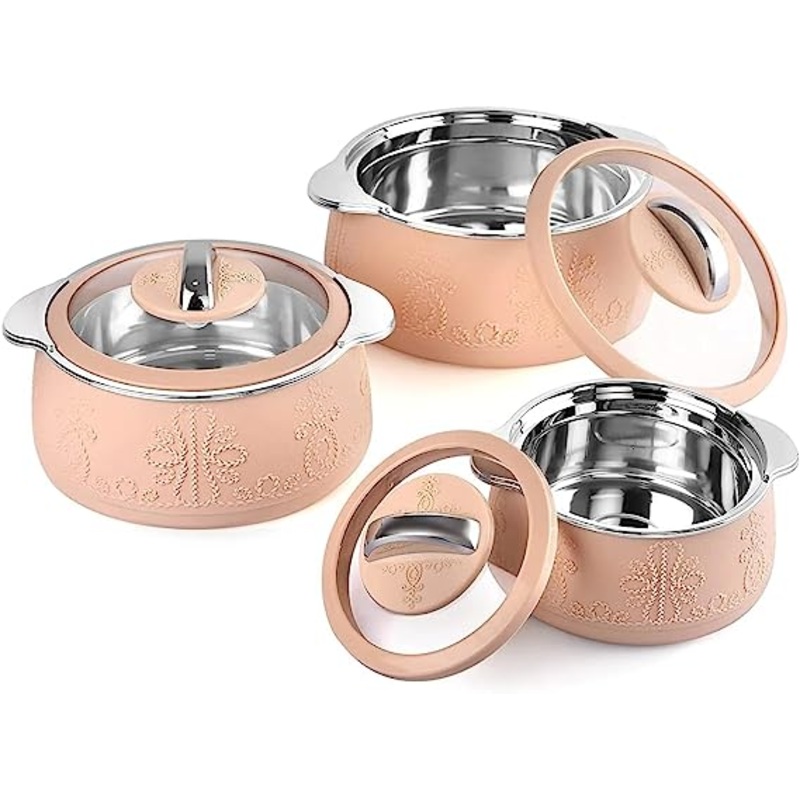 Cello Royale Combo of 3 Casseroles with Insulated Stainless Steel and Glass Lid, Capacity - 600+1100+1600ml, Beige