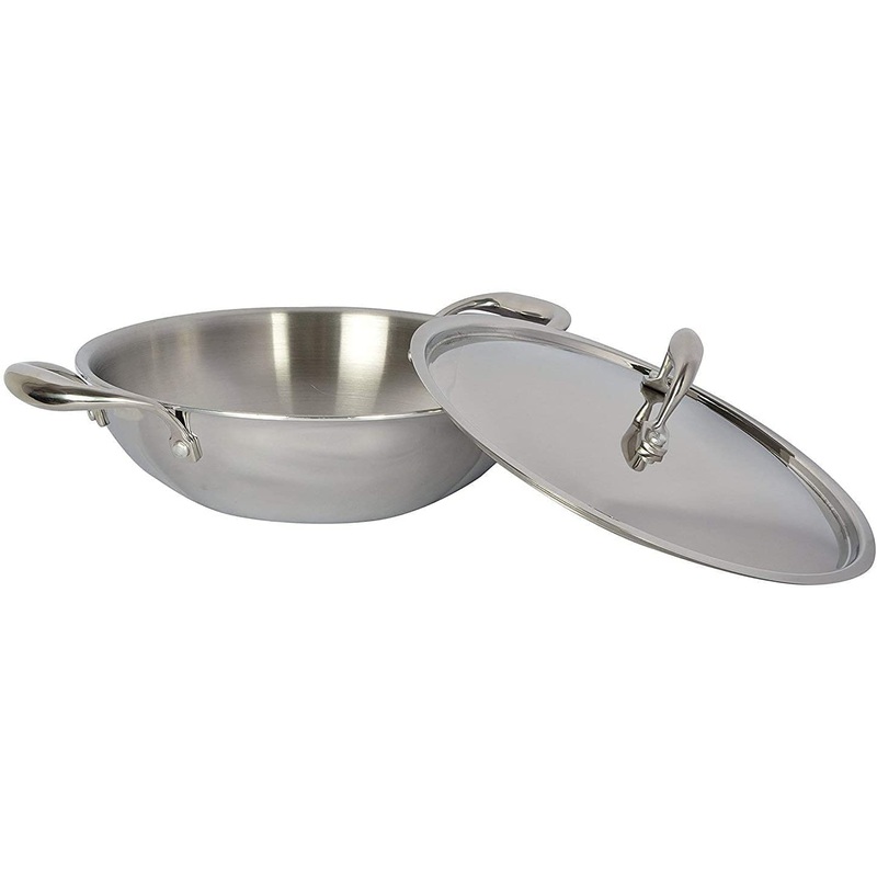 Tabakh Food Grade 1.5 Liter Induction Friendly Platinum (TRI PLY) 18/8 Stainless Steel Kadai w/ Stainless Steel Lid (20cm, 1.5 Litre)