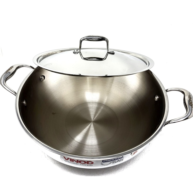 Vinod Platinum Triply Stainless Steel Extra Deep Kadai with Lid - 30cm (5.5L) (Induction Friendly)