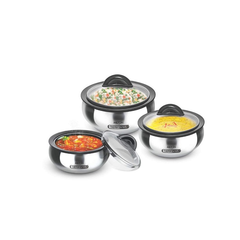 MILTON Clarion Jr Stainless Steel Gift Set Casserole with Glass Lid, Set of 3, (600, 1500, 2000 ml), Steel Plain