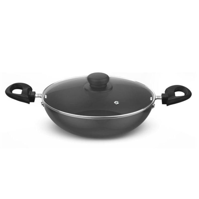 Preethi Daily Collection Non Stick Kadai 24 cm, with Glass Lid, 5 Star Non Stick Effect, Grey