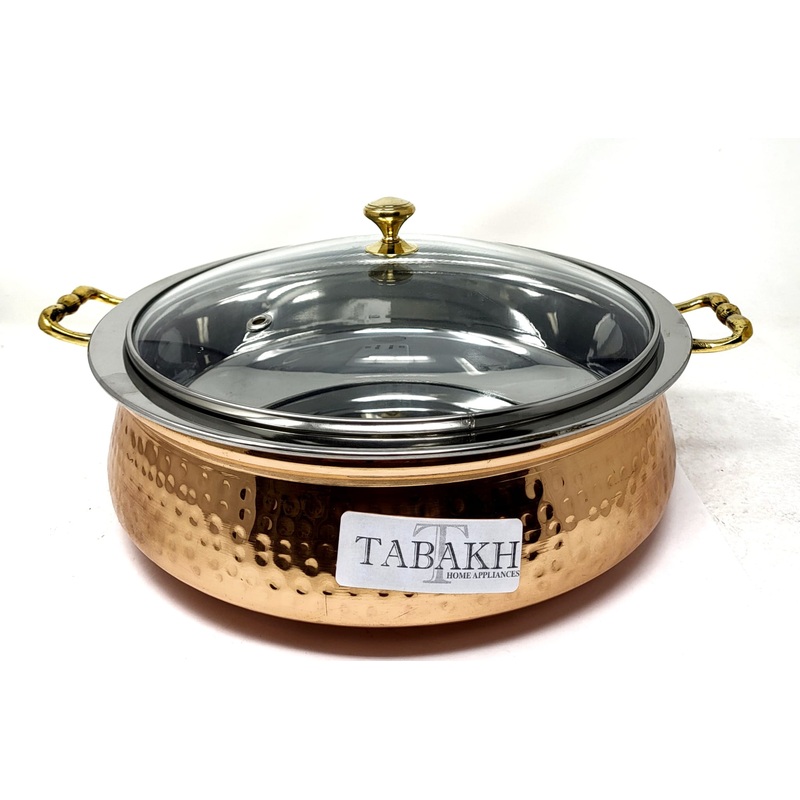 Tabakh Copper Stainless Steel Hammered Finish Handi/Lagan/Pot with Toughened Glass Lid and Brass Knob & Handles - 2500ml