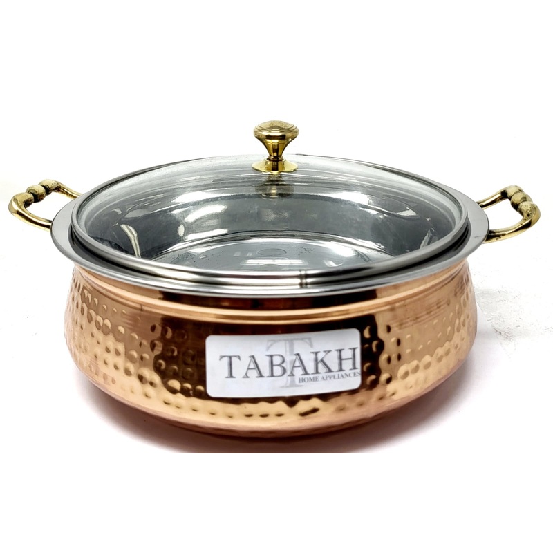 Tabakh Copper Stainless Steel Hammered Finish Handi/Lagan/Pot with Toughened Glass Lid and Brass Knob & Handles Capacity-2000 ML