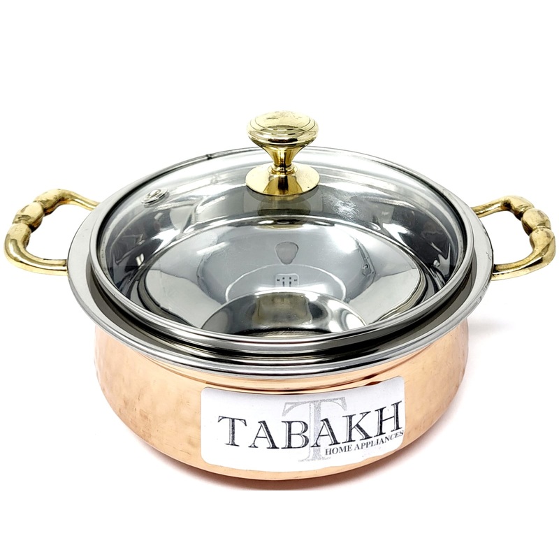 Tabakh Copper Stainless Steel Hammered Finish Handi/Lagan/Pot with Toughened Glass Lid and Brass Knob & Handles Capacity-525 ML