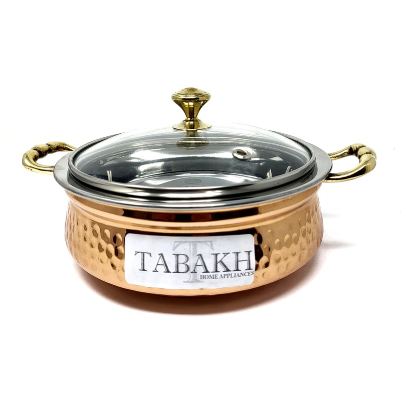 Tabakh Copper Stainless Steel Hammered Finish Handi/Lagan/Pot with Toughened Glass Lid and Brass Knob & Handles Capacity-780 ML