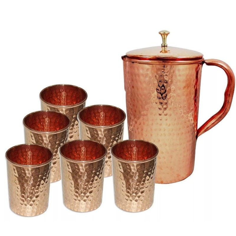 Tabakh Copper Water Set of 7 Pcs Hammered 1 Jug 6 Tumbler Glasses