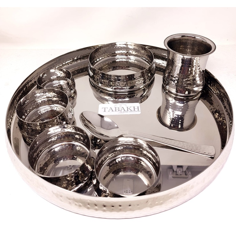 Tabakh Stainless Steel Dinner Set, Curved Hammered Finish Thali Set - 8 Piece, Elegant Tableware and Dining Set