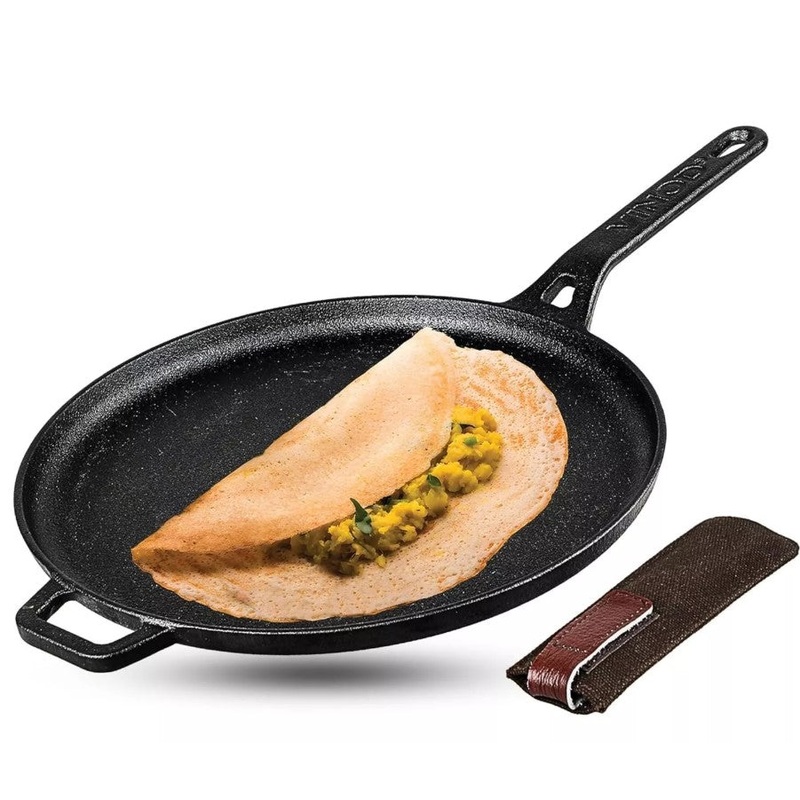 Vinod Legacy Pre Seasoned Cast Iron Roti/Chapati/Dosa Kallu Tawa with Handle - 28 cm | Naturally Non Stick Tawa | 100% Pure | Toxin Free | Rust Proof | Gas Base