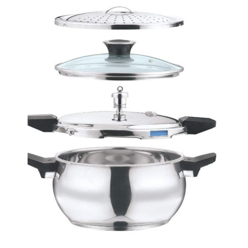 Vinod Magic Stainless Steel Smart 3 in 1 Pressure Cooker 3.5 Litre | 5mm Thick Base | All in One Cooker with Strainer & Glass Lid | Induction and Gas Base | ISI certified