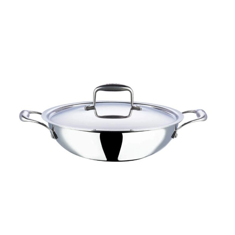 Vinod Platinum Triply Stainless Steel Deep Kadai with Lid -28cm (3.7L) (Induction Friendly)