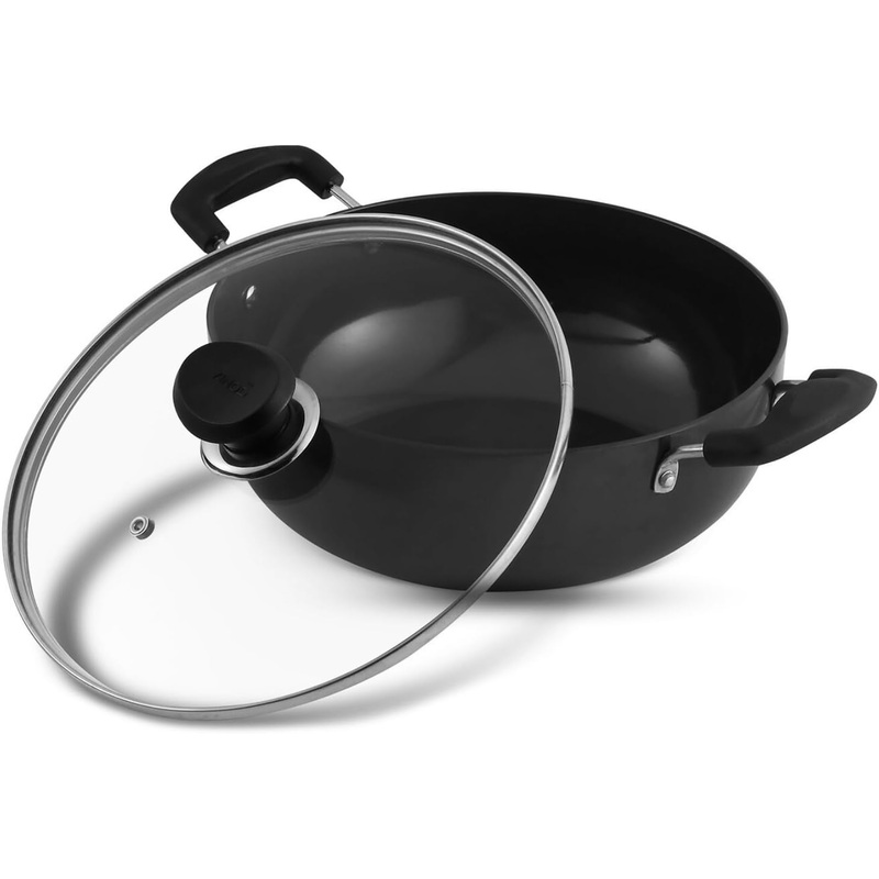 Vinod Cookware Hard Anodised Deep Kadhai  2.6 Liters (2.7 Quarts)  22cm  Glass Lid