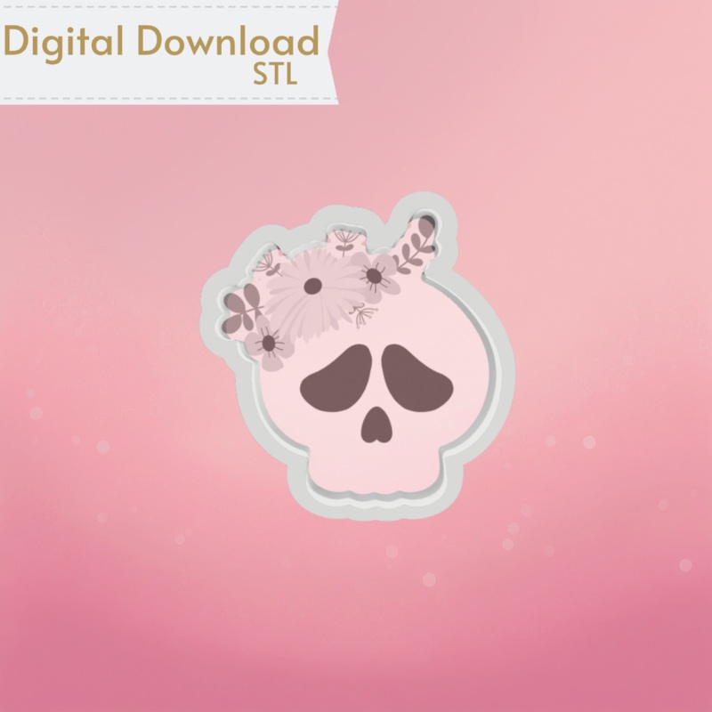 Skull with Flowers Cookie Cutter STL