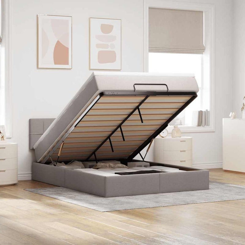 Lit ottoman avec matelas et LED taupe 140x200 cm tissu