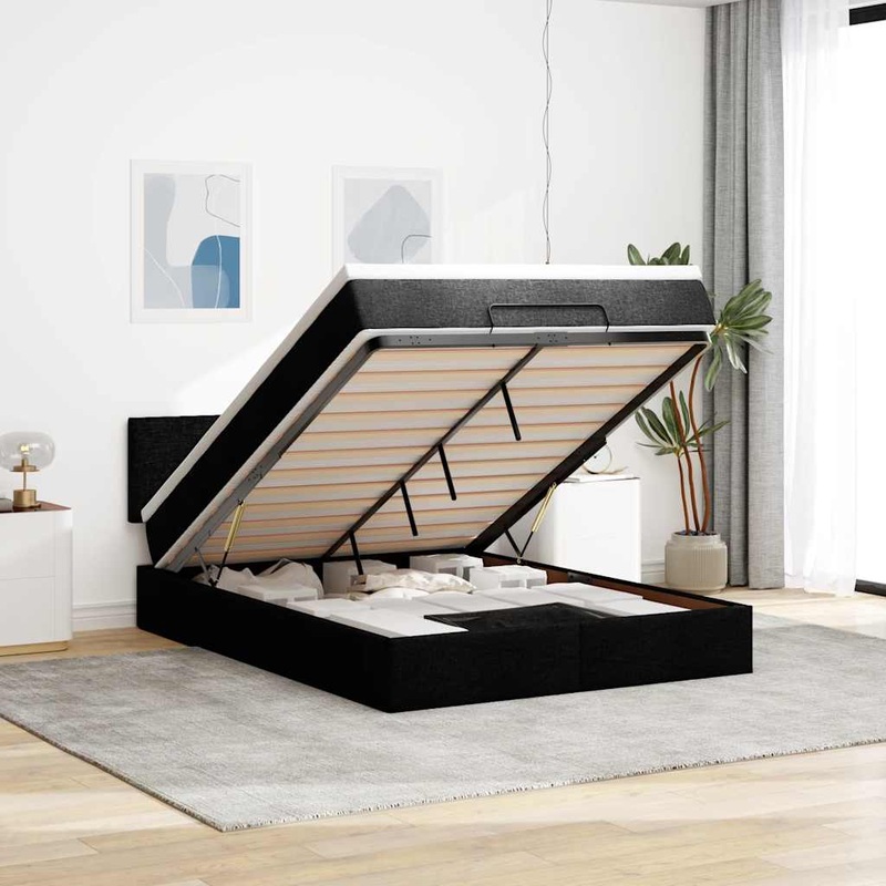 Lit ottoman avec matelas noir 140x200 cm tissu